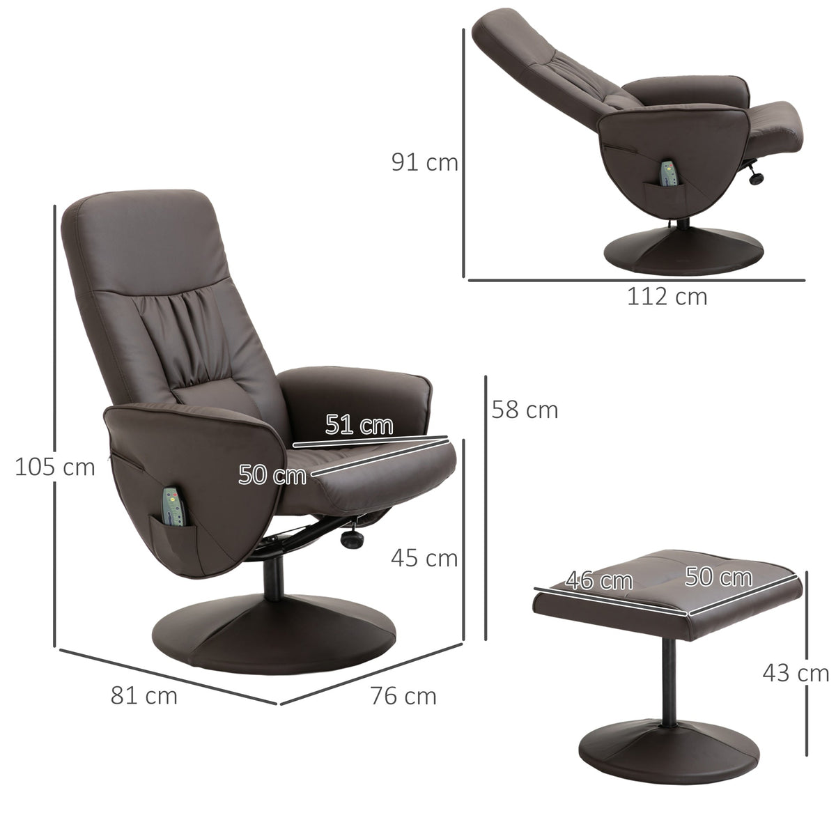 TV Armchair 2-piece Reclining 360° Swivel 10 Massage Points, Faux Leather Brown