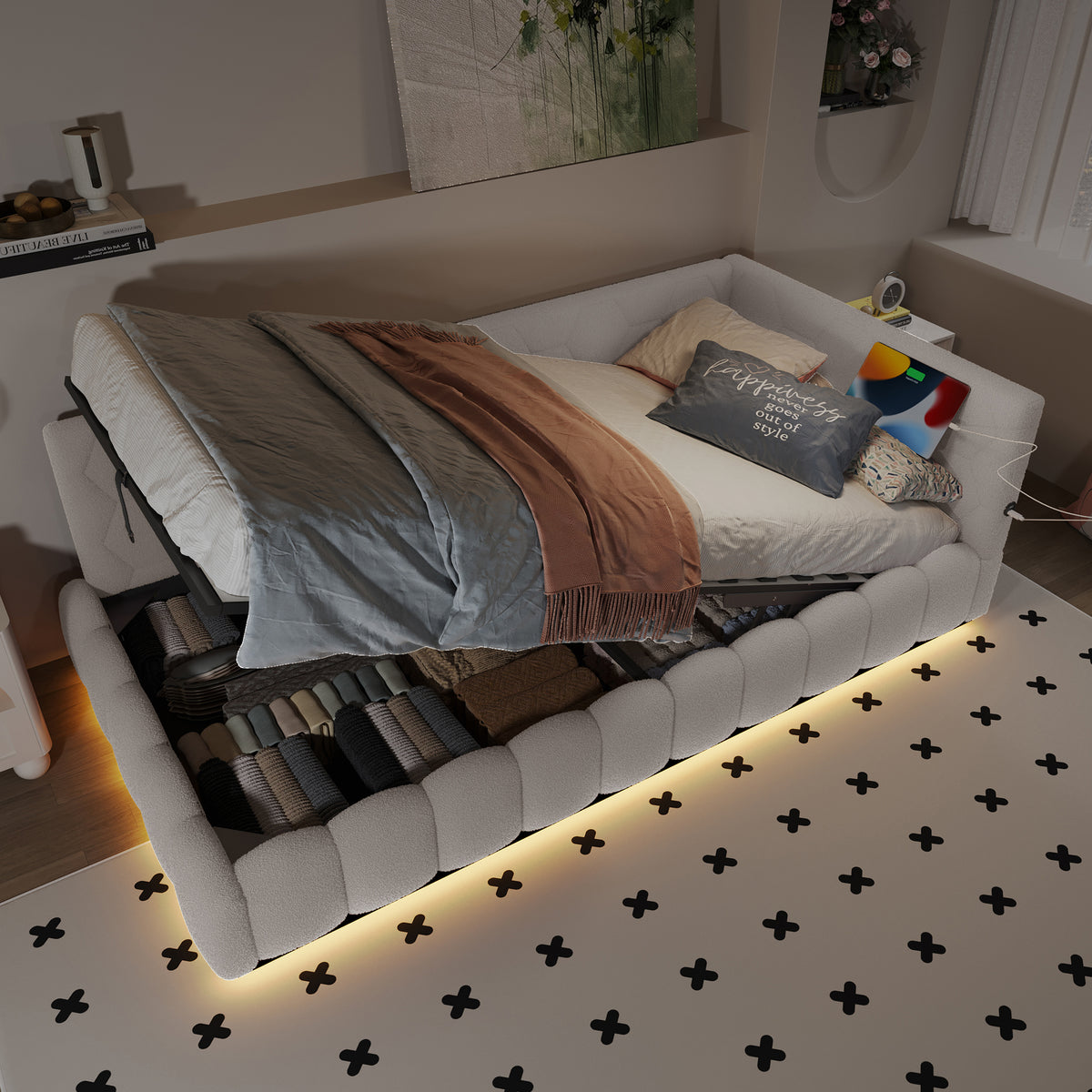 Daybed 90x200cm LED Hydraulic Storage USB White Imitation Fleece
