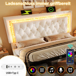 Upholstered Bed with LED Diamond Strip, USB Charging and Hydraulic Storage, Beige Velvet