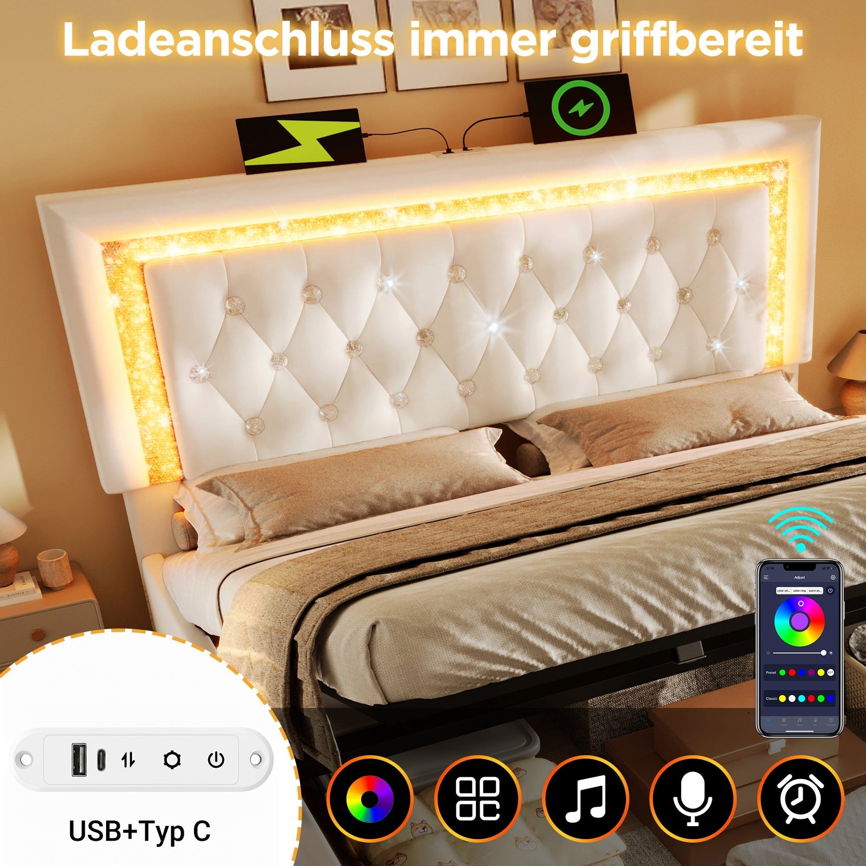 Upholstered Bed with LED Diamond Strip, USB Charging and Hydraulic Storage, Beige Velvet