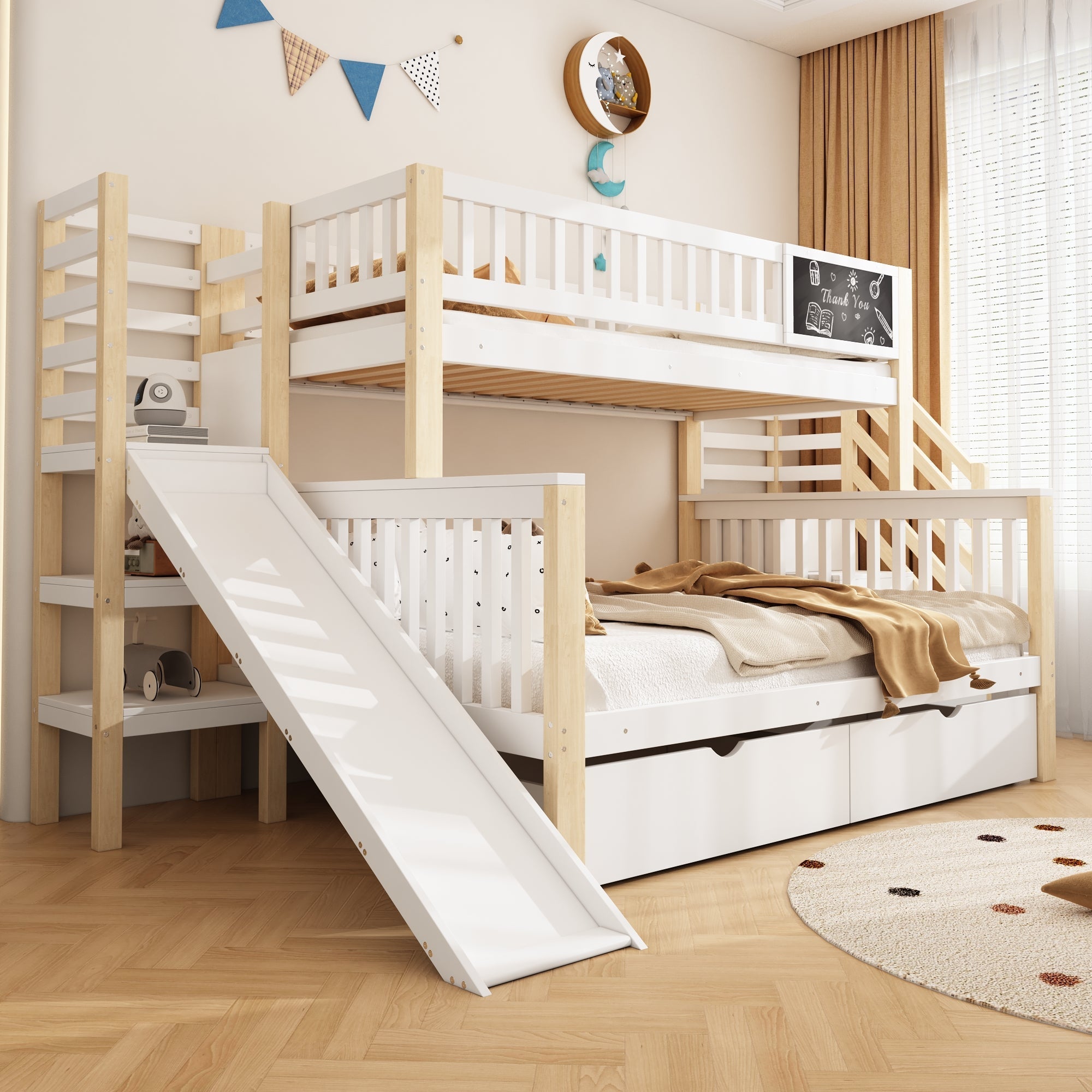 House Bunk Bed, Multifunctional Storage Slide Chalkboard 140x200cm & 90x200cm, White
