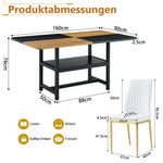 Table set with rectangular dining table, storage shelf, 4 armchairs, faux leather