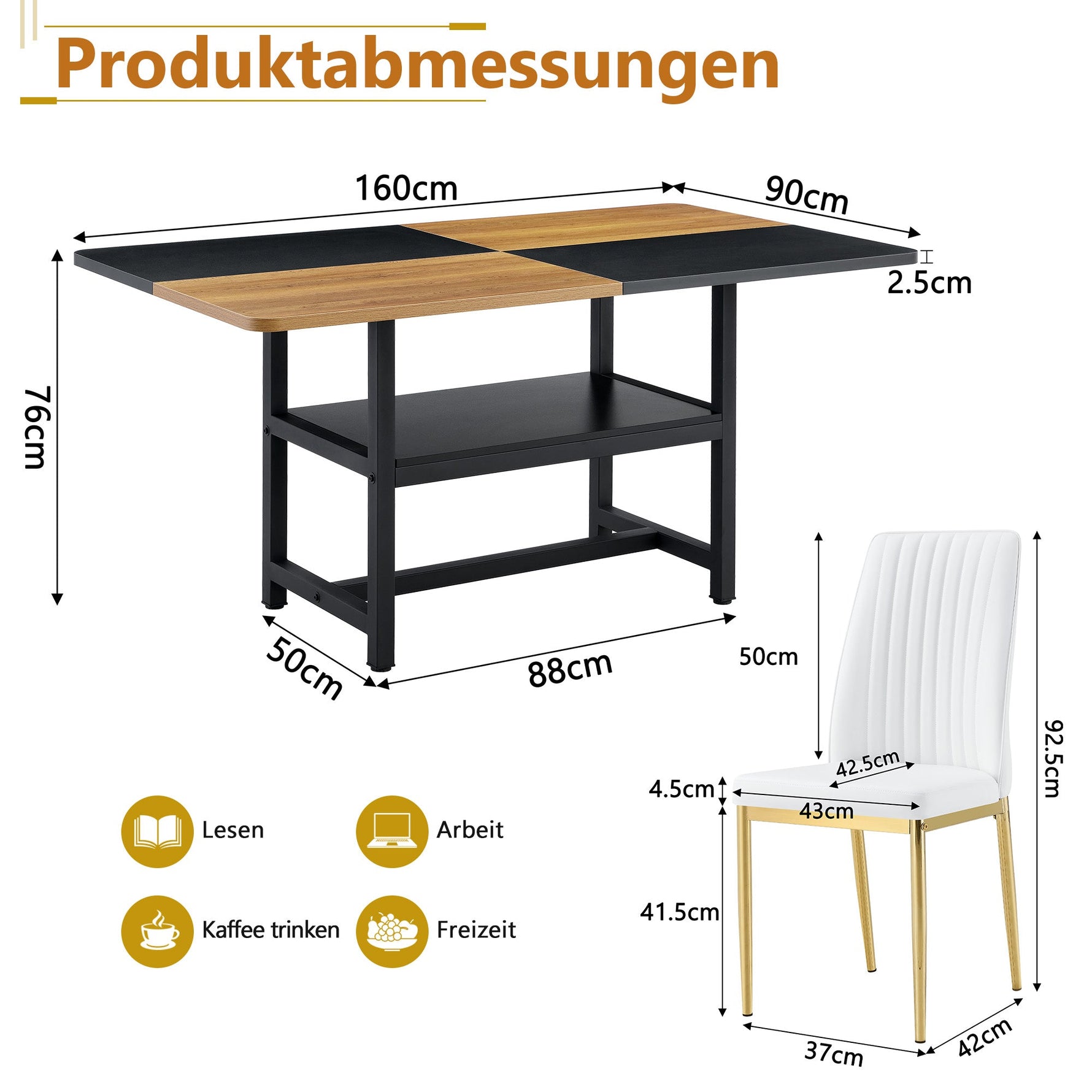 Table set with rectangular dining table, storage shelf, 4 armchairs, faux leather