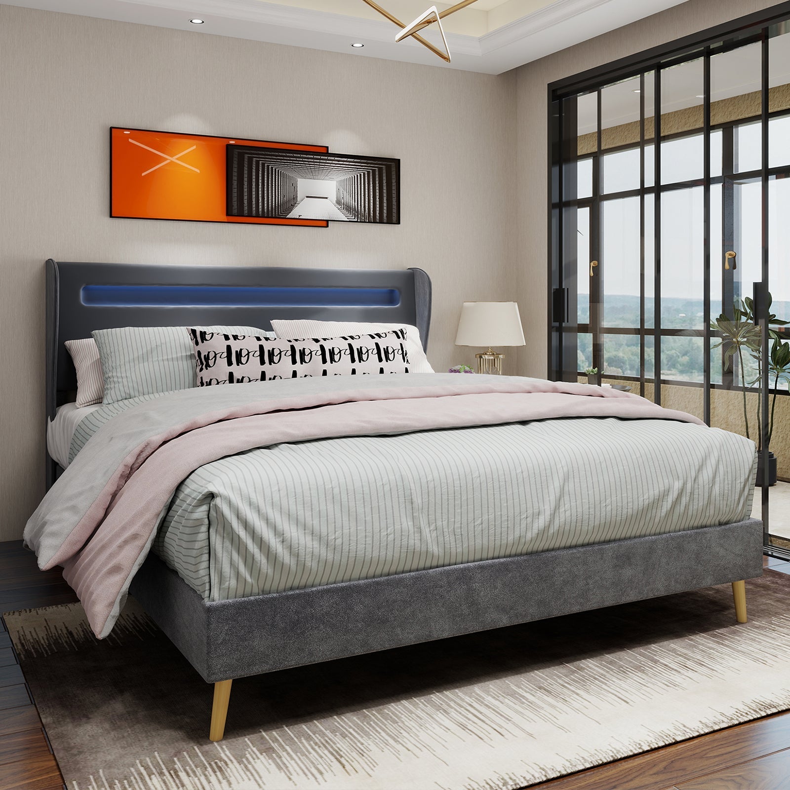 Modern Minimalist Upholstered Bed, Soft LED-Integrated Headboard, Low-Profile Non-Storage, 140x200 cm Grey