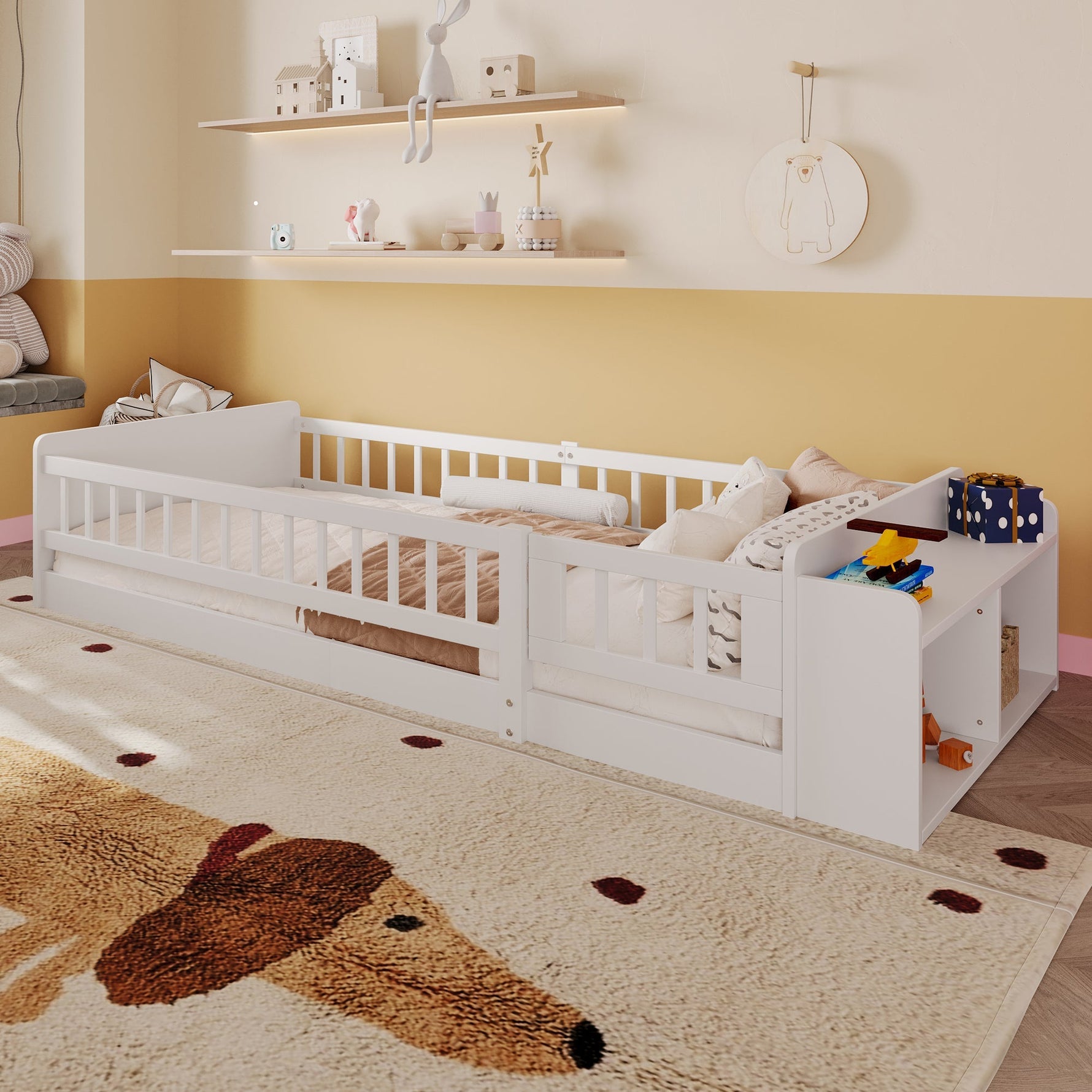 Wooden Children's Bed 90x200cm Open Storage Shelves and Case White Pine Wood