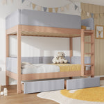 Bunk Bed with Anti-Collision Edge, Straight Staircase and Two Drawers, 90x200cm, Grey and Natural Rubberwood + MDF