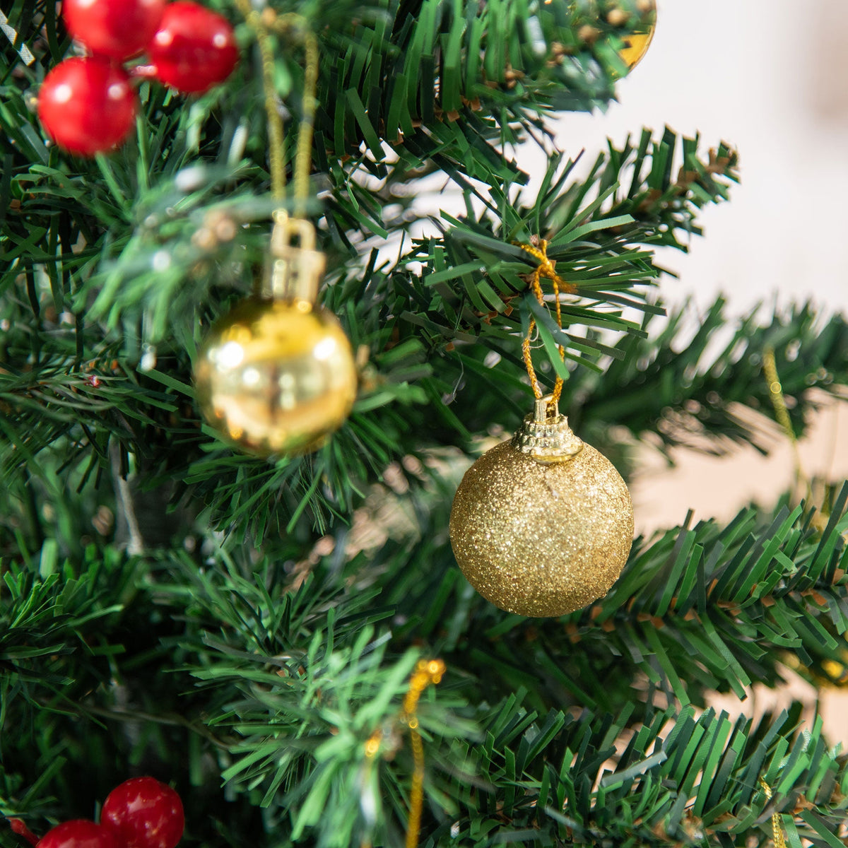 Small Christmas Tree, Mini with Holly Berries, Baubles & LED Lights, Green PVC