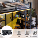 Loft Bed 90x200 LED Light Socket Storage Bookshelf - Black