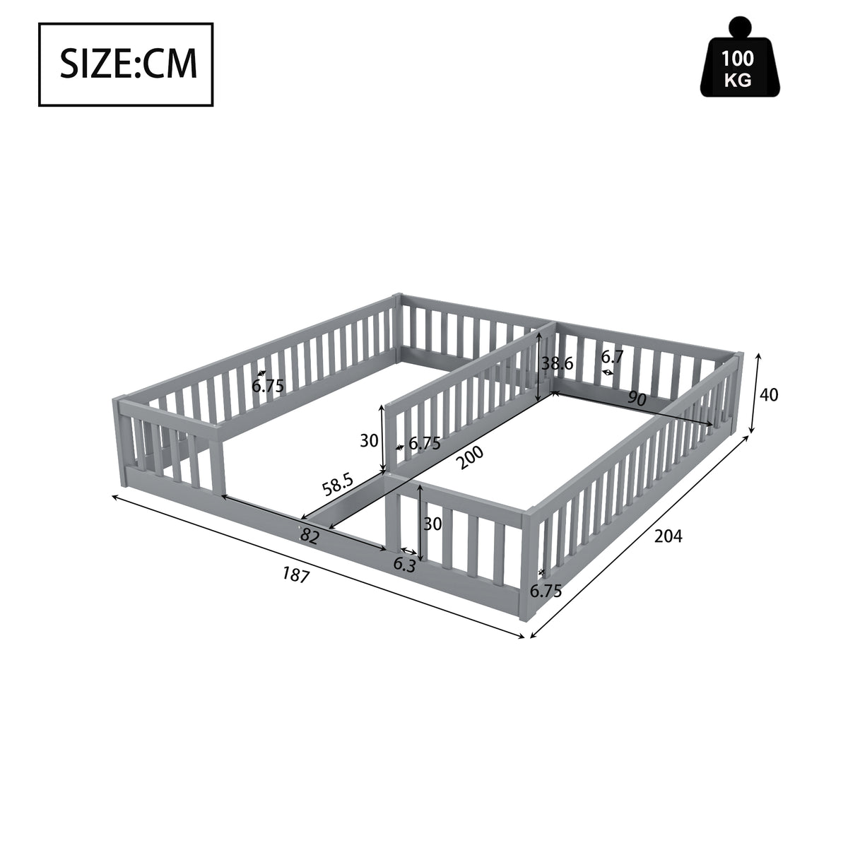 Children's Panel Bed 90x200 cm with Railing, Grey Pine Wood