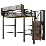 Loft Bed 90x200 with LED Light & Storage Ladder, Black Metal
