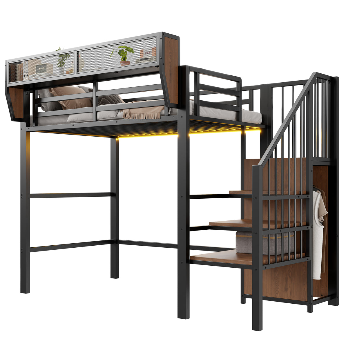 Loft Bed 90x200 with LED Light & Storage Ladder, Black Metal