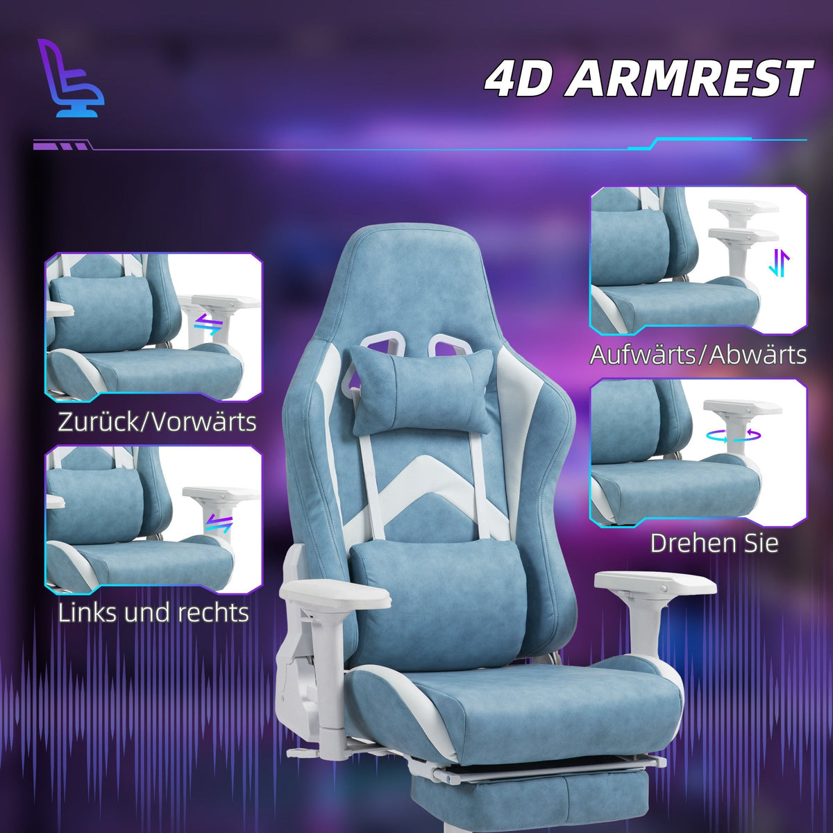 Gaming Chair with Reclining Function, Ergonomic, Faux Leather Blue