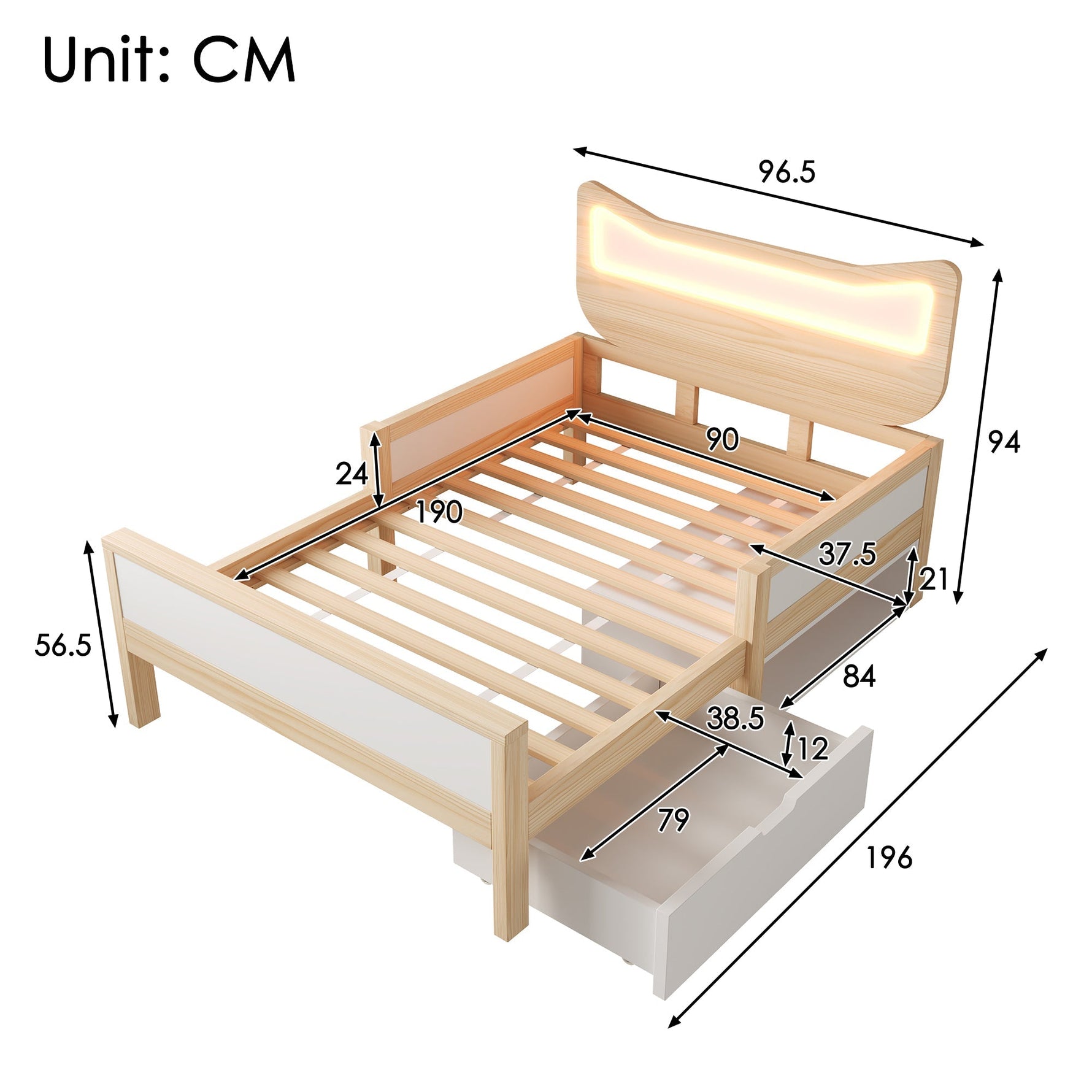 Children's Bed with Cat Ear Headboard, RGB LED Lighting, Storage Drawer and Safety Rails, 90x190cm, White and Oak