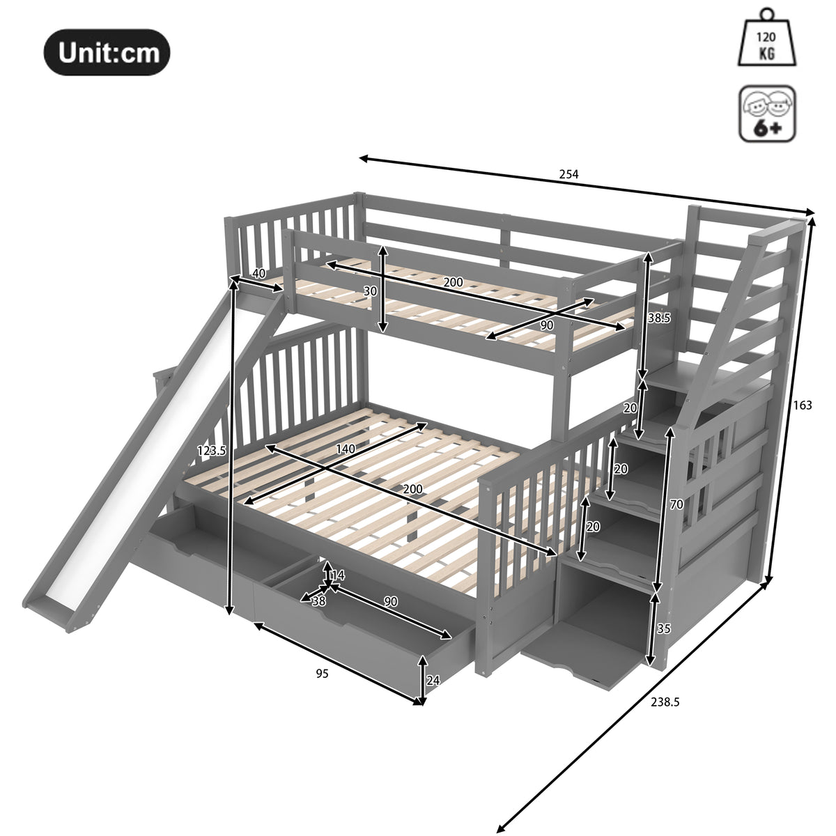 Bunk Bed with Drawers & Slide, 90x200/140x200, Grey