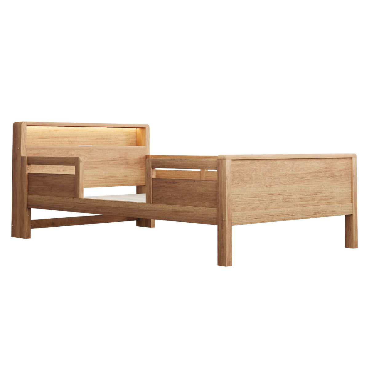 Wooden Single Bed 90x200cm with USB, LED & Storage, Wood Color