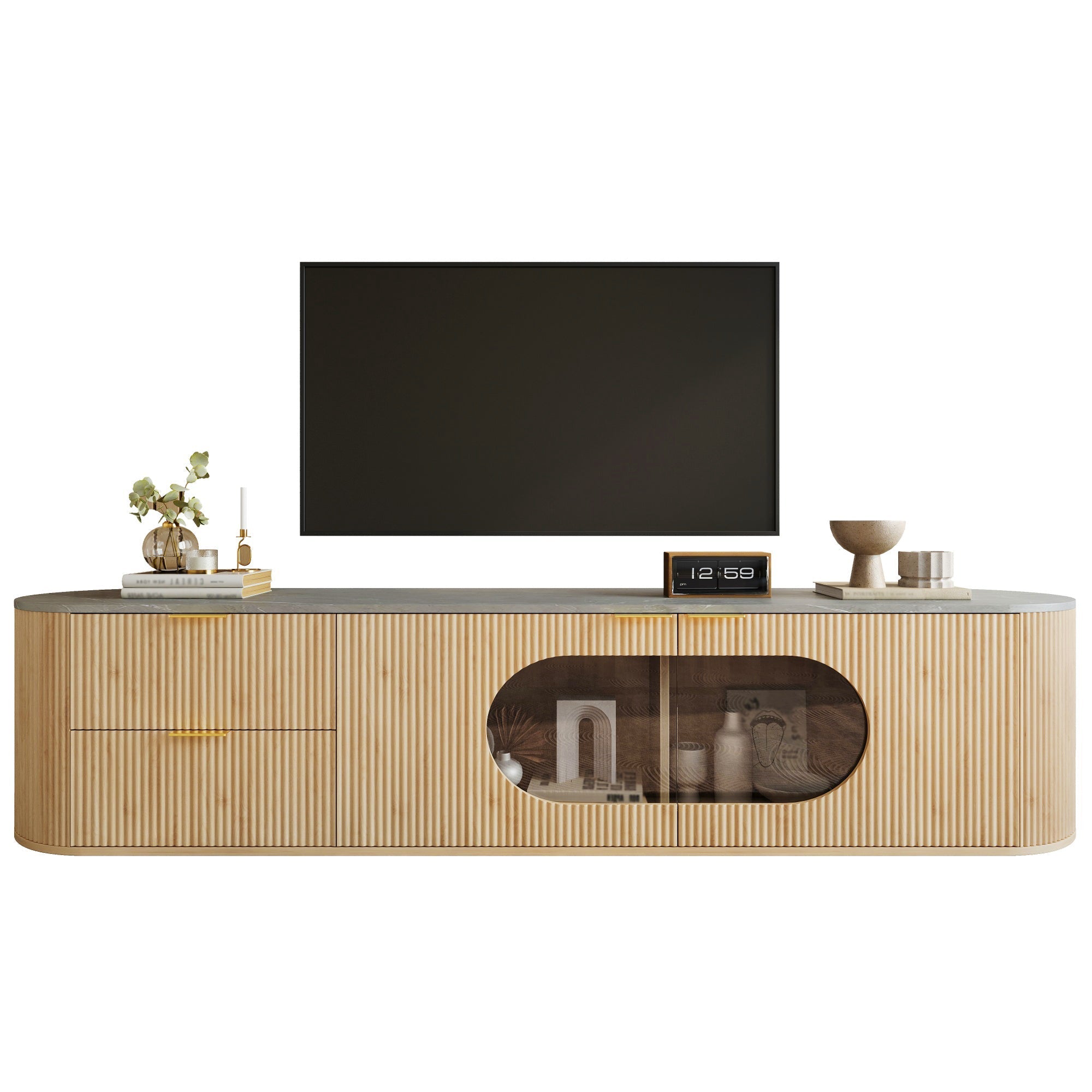 Modern Minimalist TV Cabinet with 3D Stripes and Glass Display, Wood Look and Grey Glass