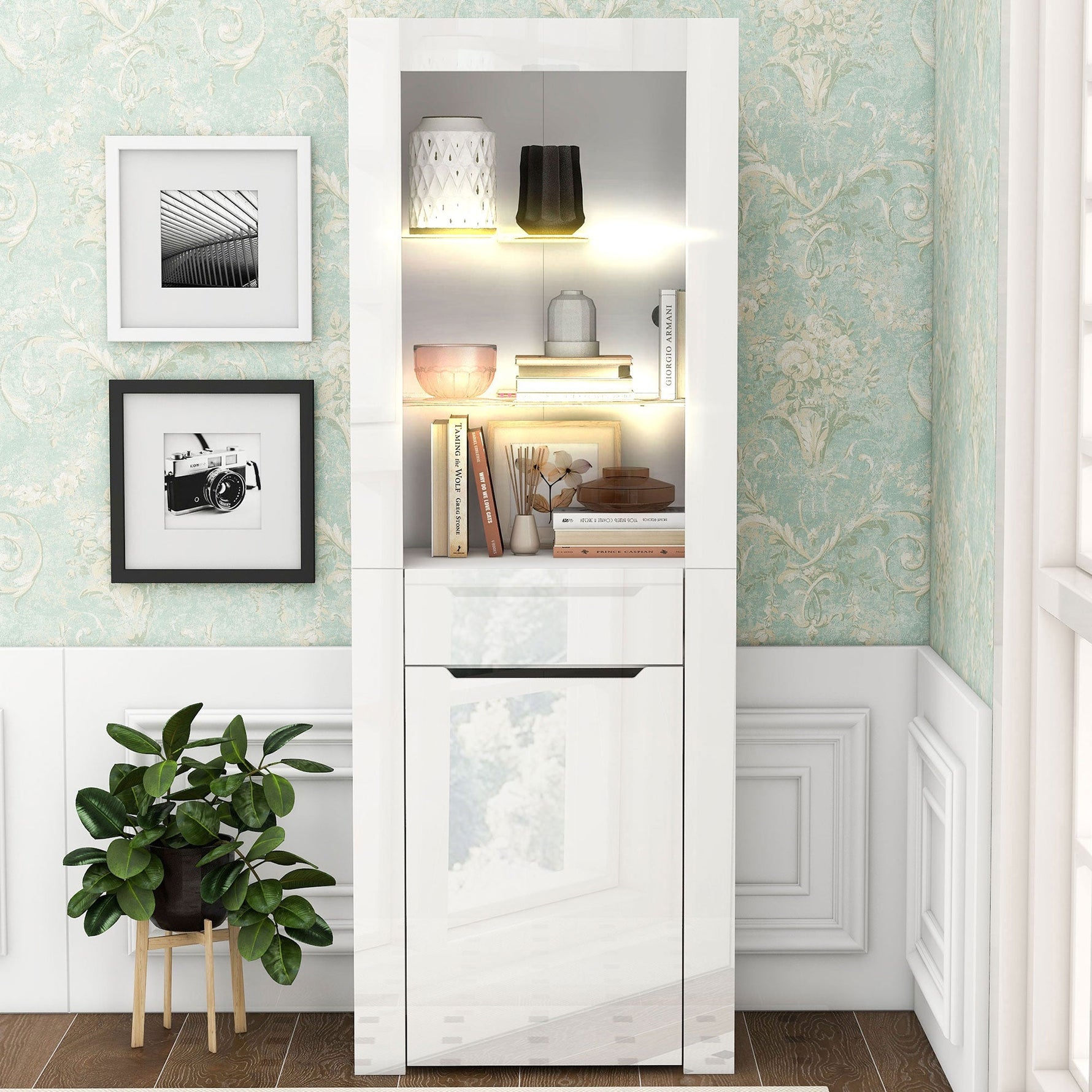 Display Cabinet with App LED Lights and Shelves, White