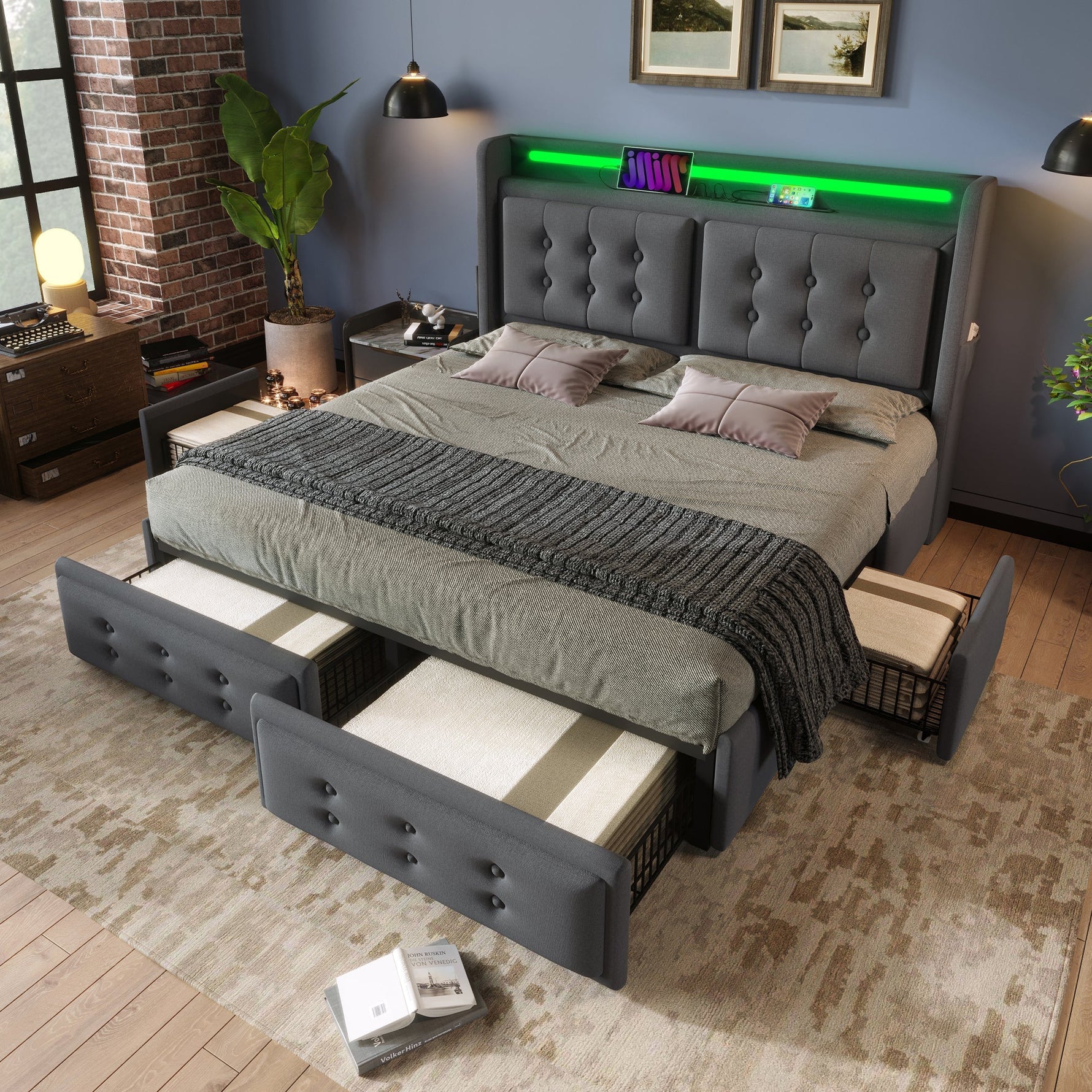 Upholstered Bed 140x200, LED Headboard with USB-C, 4 Storage Drawers, Gray Cotton