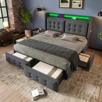 Upholstered Double Bed 180x200cm with LED & 4 Drawers, Grey