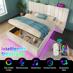 Upholstered Bed 160x200, Double Storage with App Control LED & USB-C, White PU