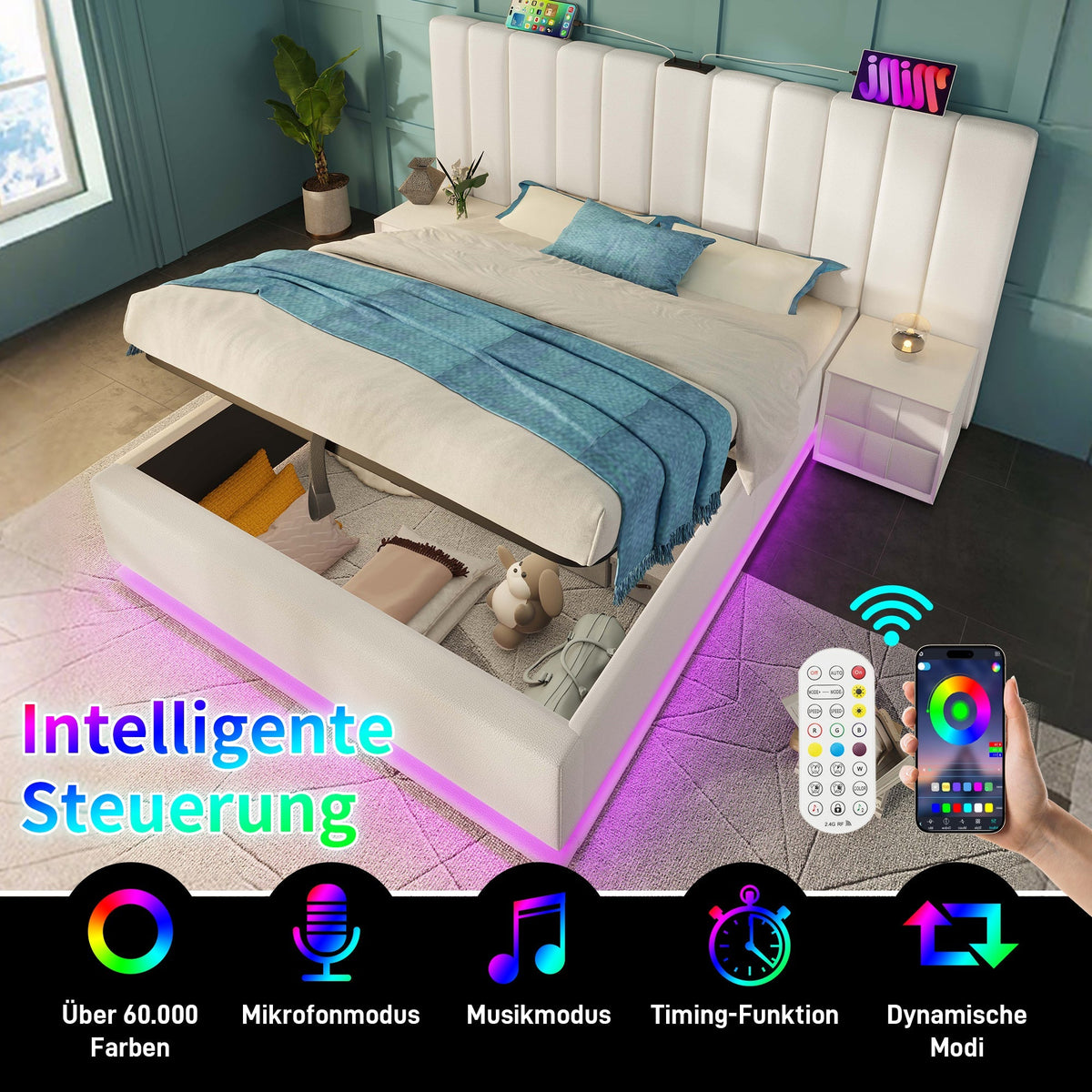 Upholstered Bed 160x200, Double Storage with App Control LED & USB-C, White PU