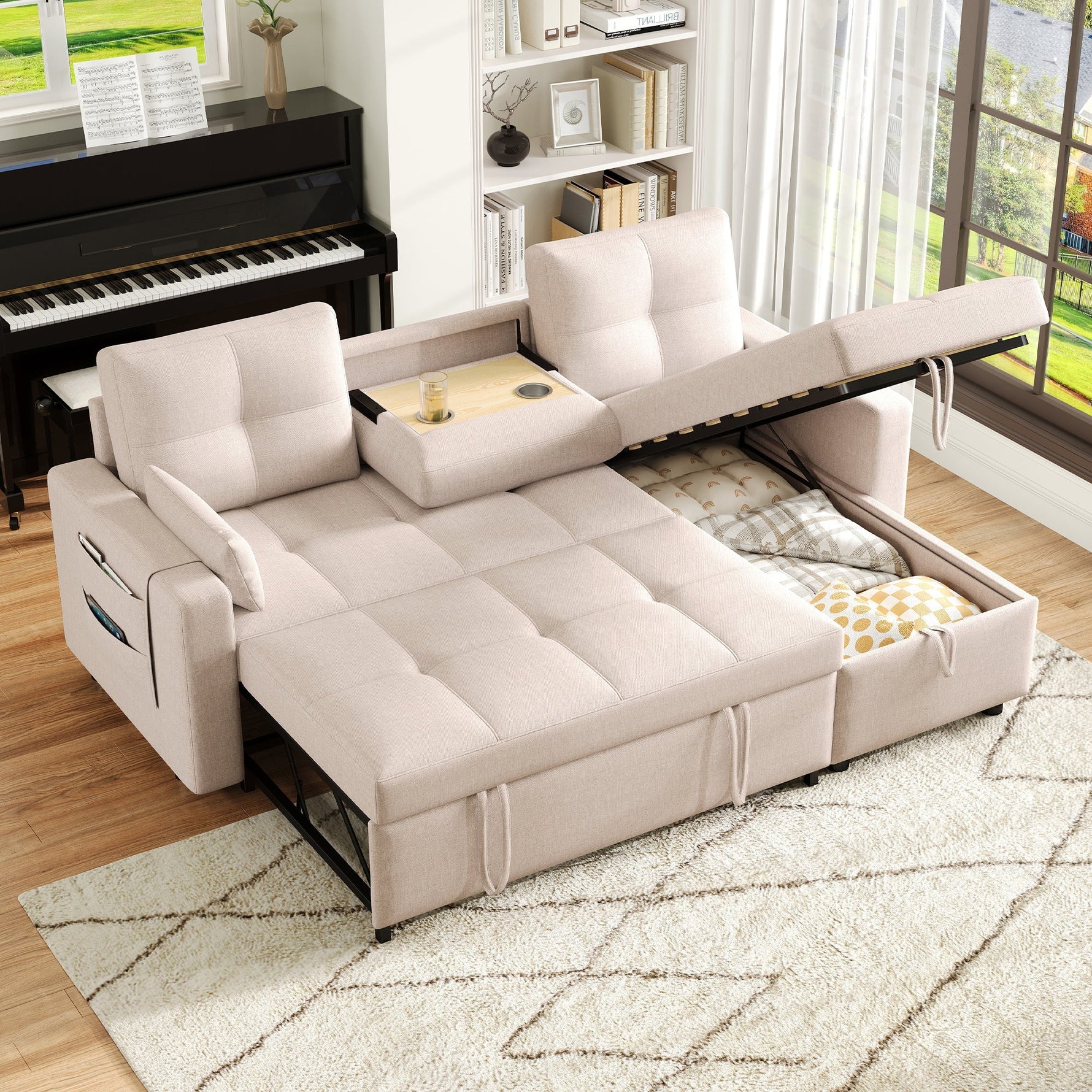 Modern L-shaped Sofa Modular Sofa Bed Pull-out with Storage & Cup Holder, Living Room