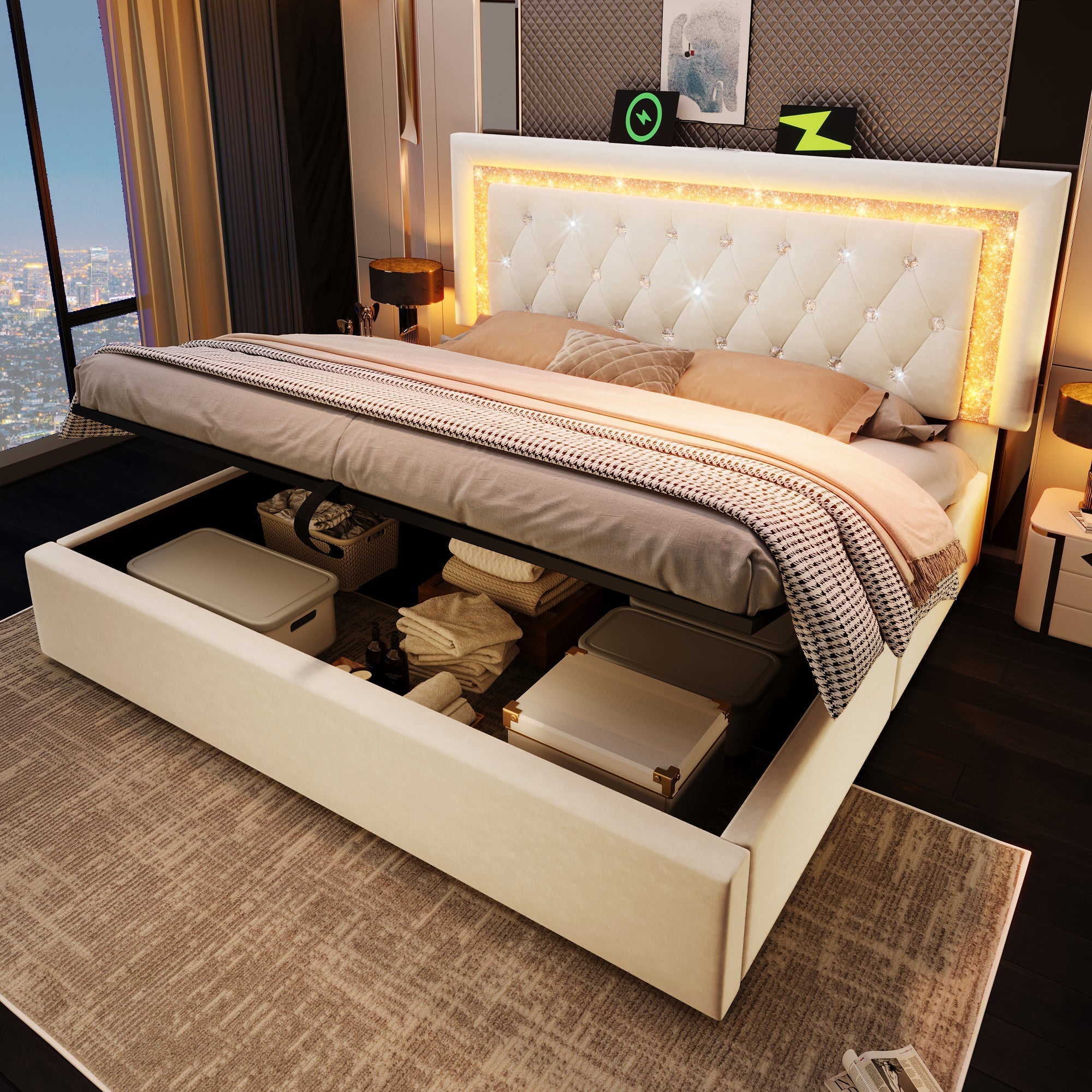 Upholstered Bed with LED Headboard, Charging Station and Storage, 160x200 cm, Beige Velvet
