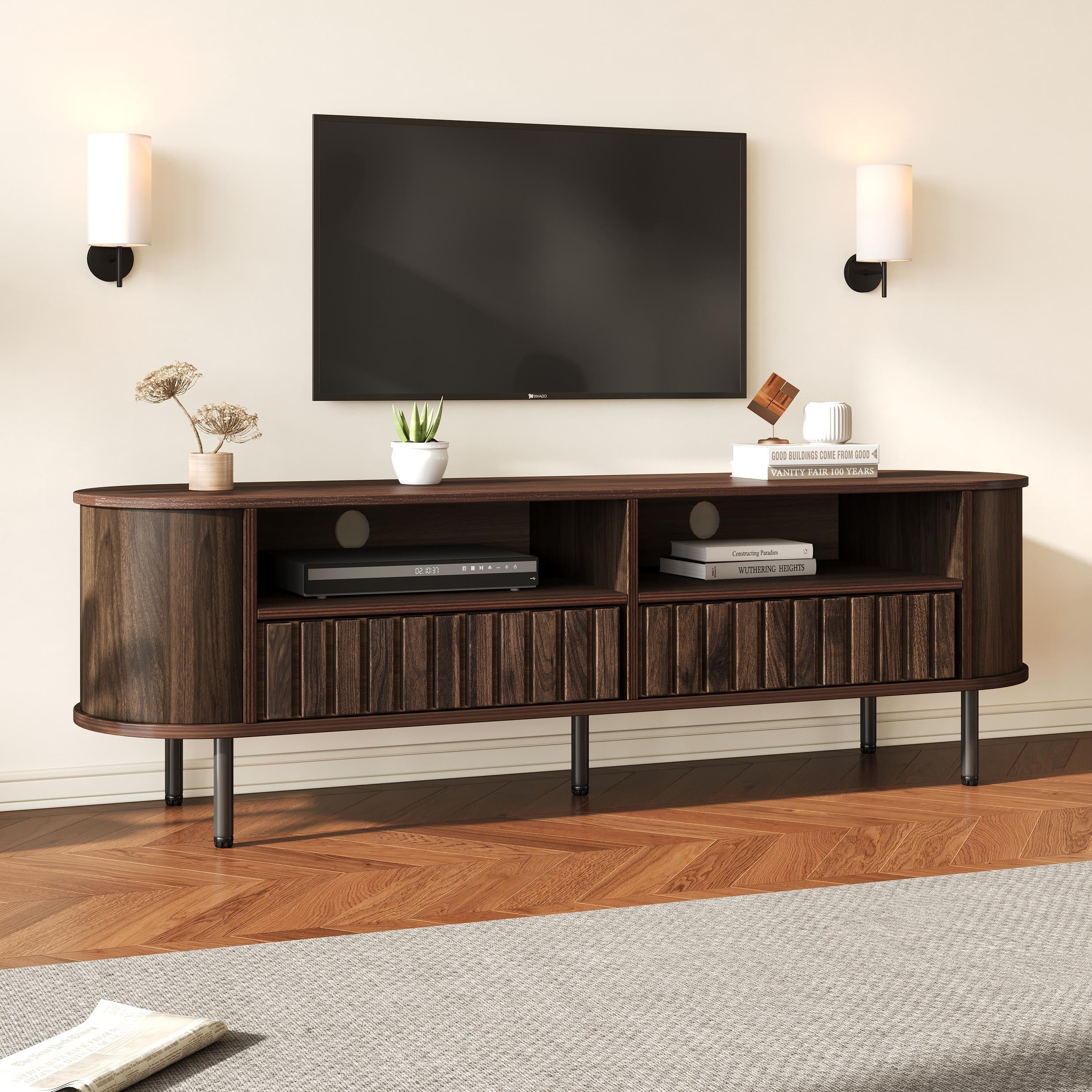 TV Cabinet Lowboard 160cm 2 Cabinets 2 Drawers for 65-inch TV Walnut