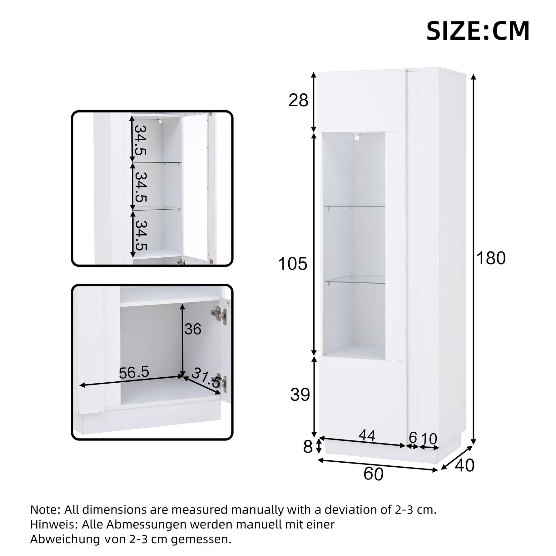 Cabinet, 60x40x180cm High-Gloss Display with LED Lighting, White Acrylic