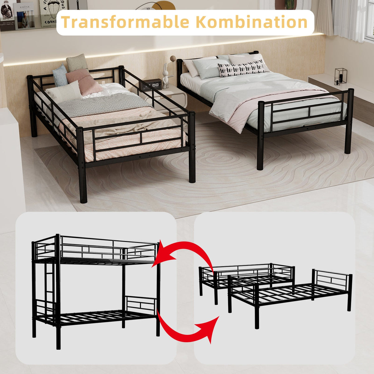 Twin over Twin Bunk Bed Convertible 2 Beds Ladders Railings, Metal Structure