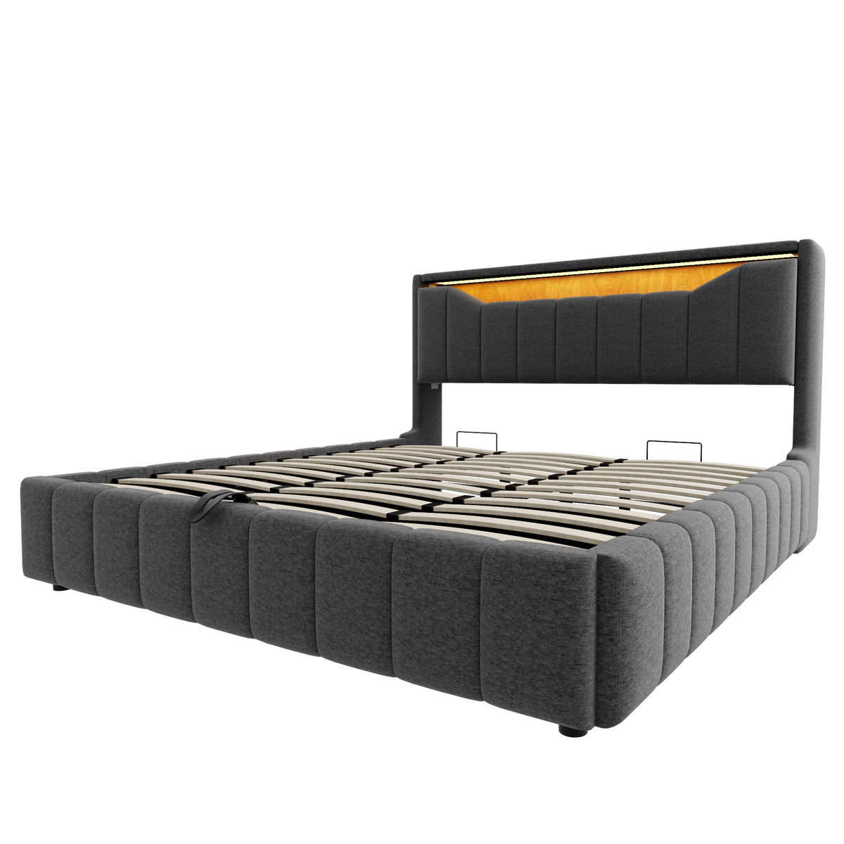 Upholstered Bed 180x200 with Storage & LED Light, Grey Linen