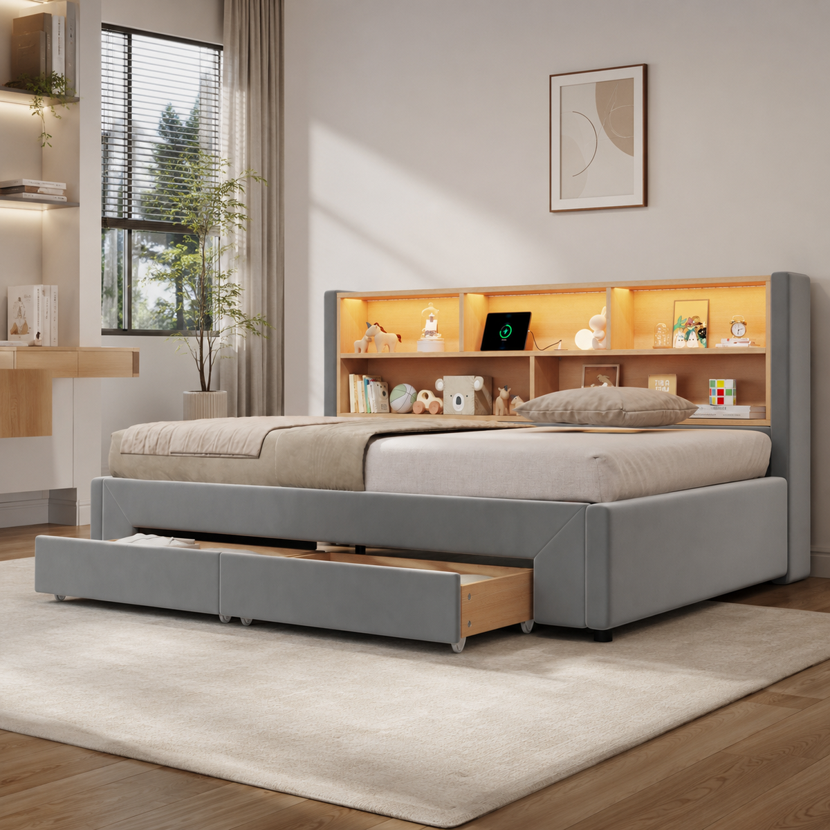 Upholstered Daybed, Extendable with 2 Drawers & USB, Grey Velvet