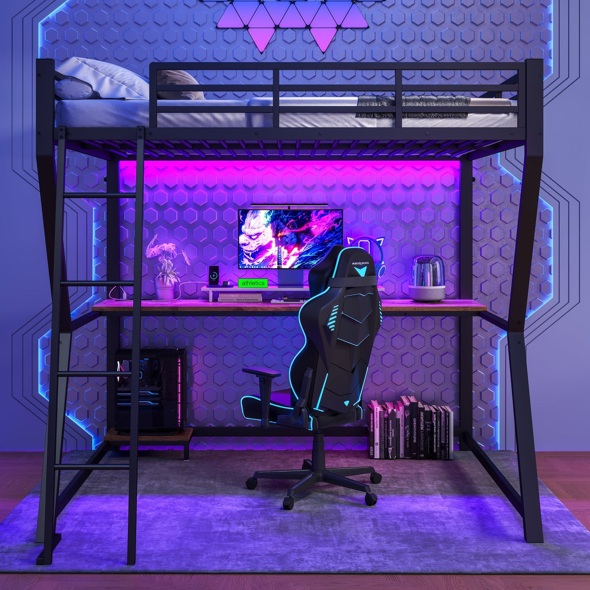 Loft Bed 140x200cm Desk Console Shelf LED USB/Power Stairs - Black