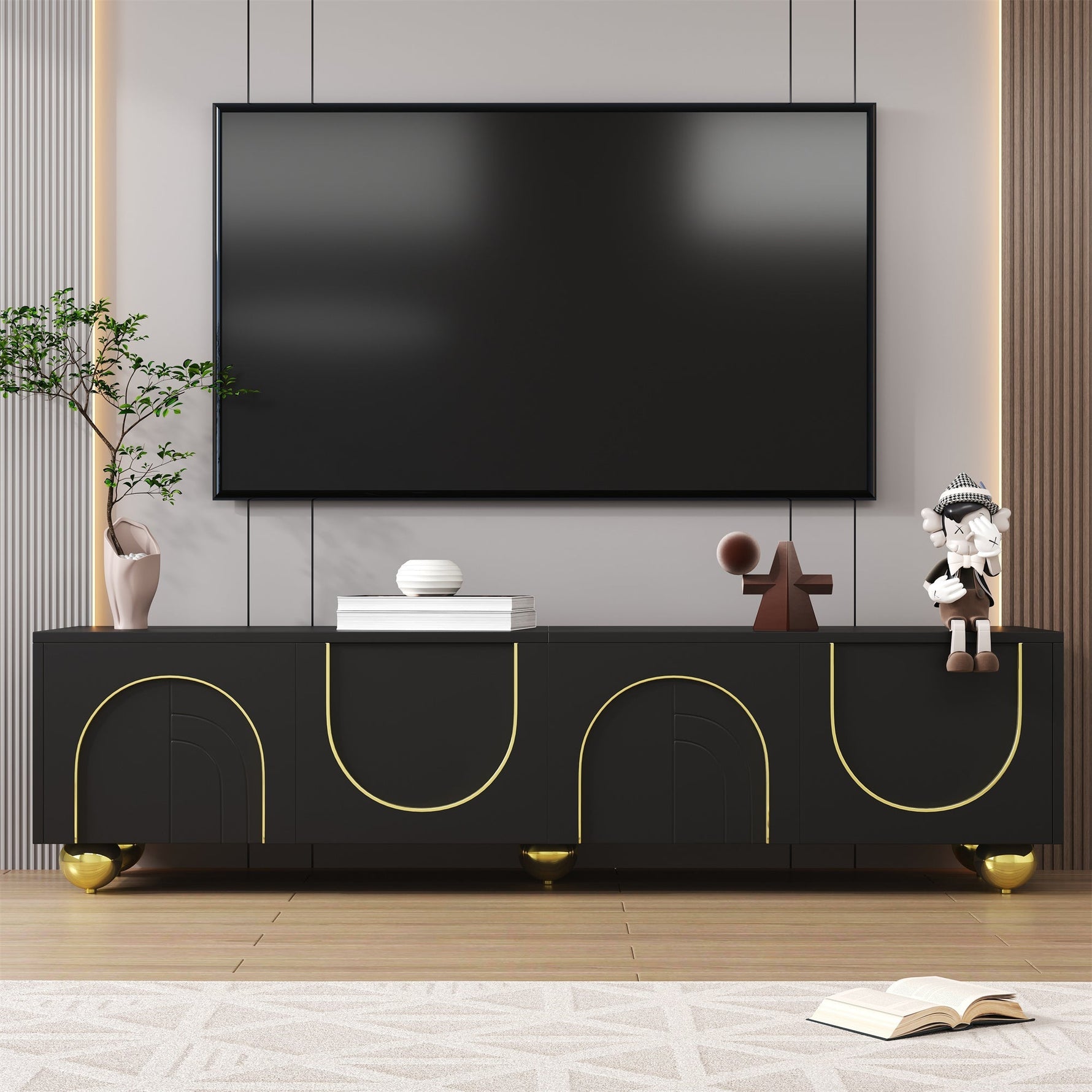 TV Cabinet Lowboard Textured Doors Shelves Push-to-Open - Gold Accents