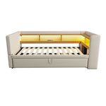 Upholstered Bed, Pull-Out Sofa Bed 90/180*190cm with LED Lights, Sockets & Storage - Beige