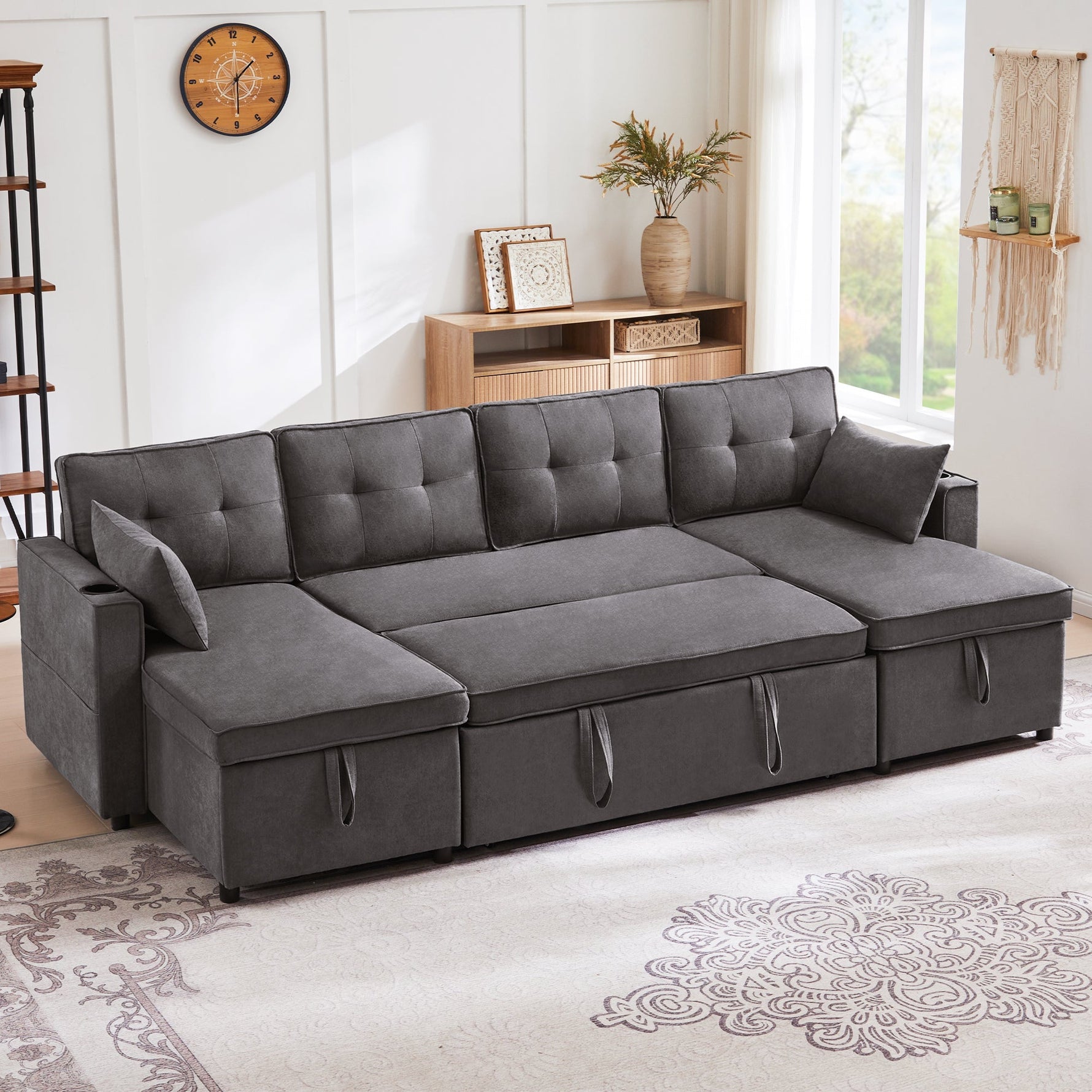 Sleeper Sofa U-Shaped with Storage & Cup Holders, Cotton and Linen Fabric
