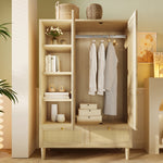 Wardrobe with 2 Doors, Rattan Weave, Shelves, Clothes Rail and 2 Drawers, Oak Look