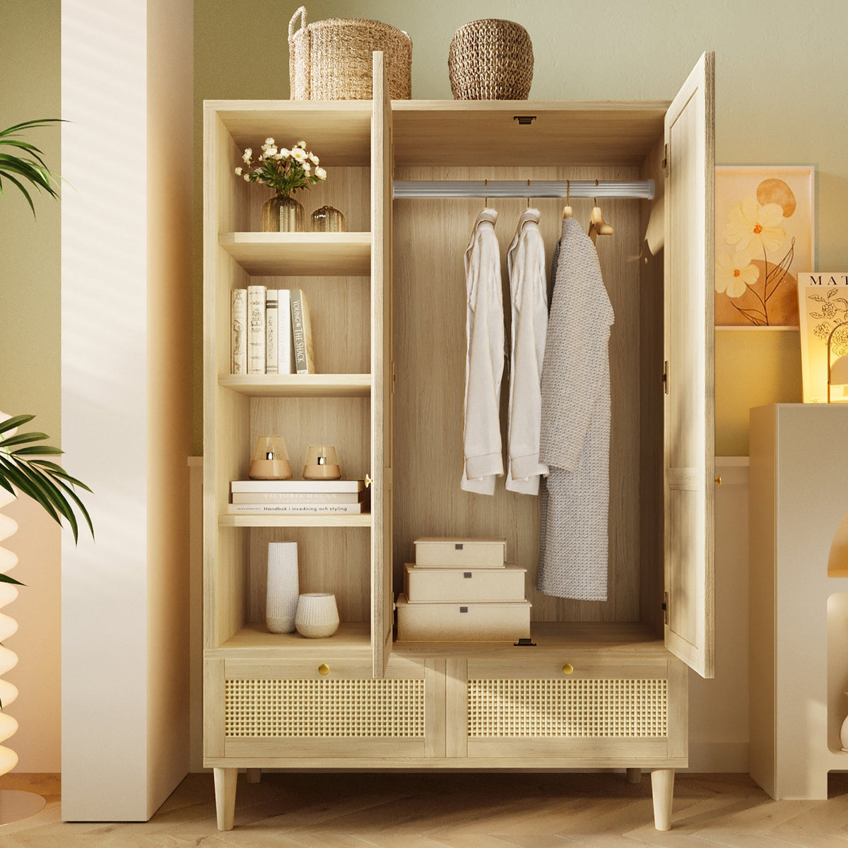 Wardrobe with 2 Doors, Rattan Weave, Shelves, Clothes Rail and 2 Drawers, Oak Look