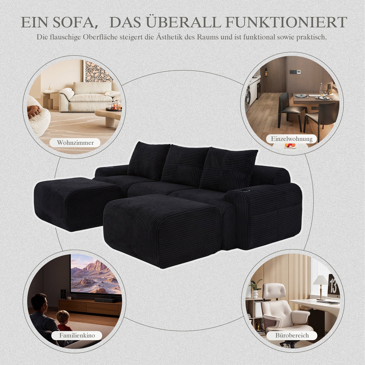 Modular Sofa - 3-Seater with 2 Ottomans, Modular, Cup Holders, Storage - Black Corduroy