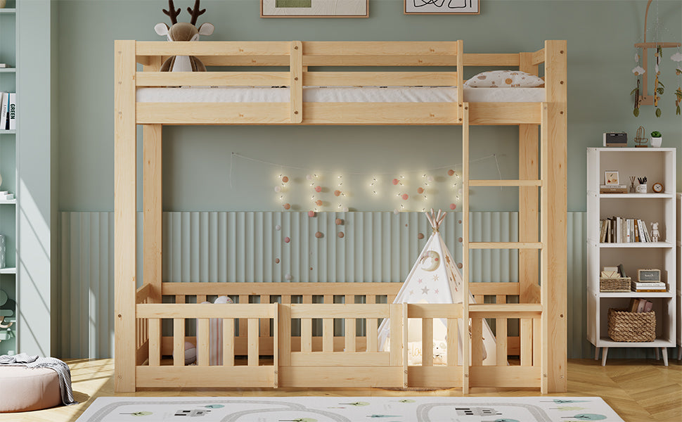 Wooden Bunk Bed 90x200cm with Stairs & Railing, Natural Pine Wood