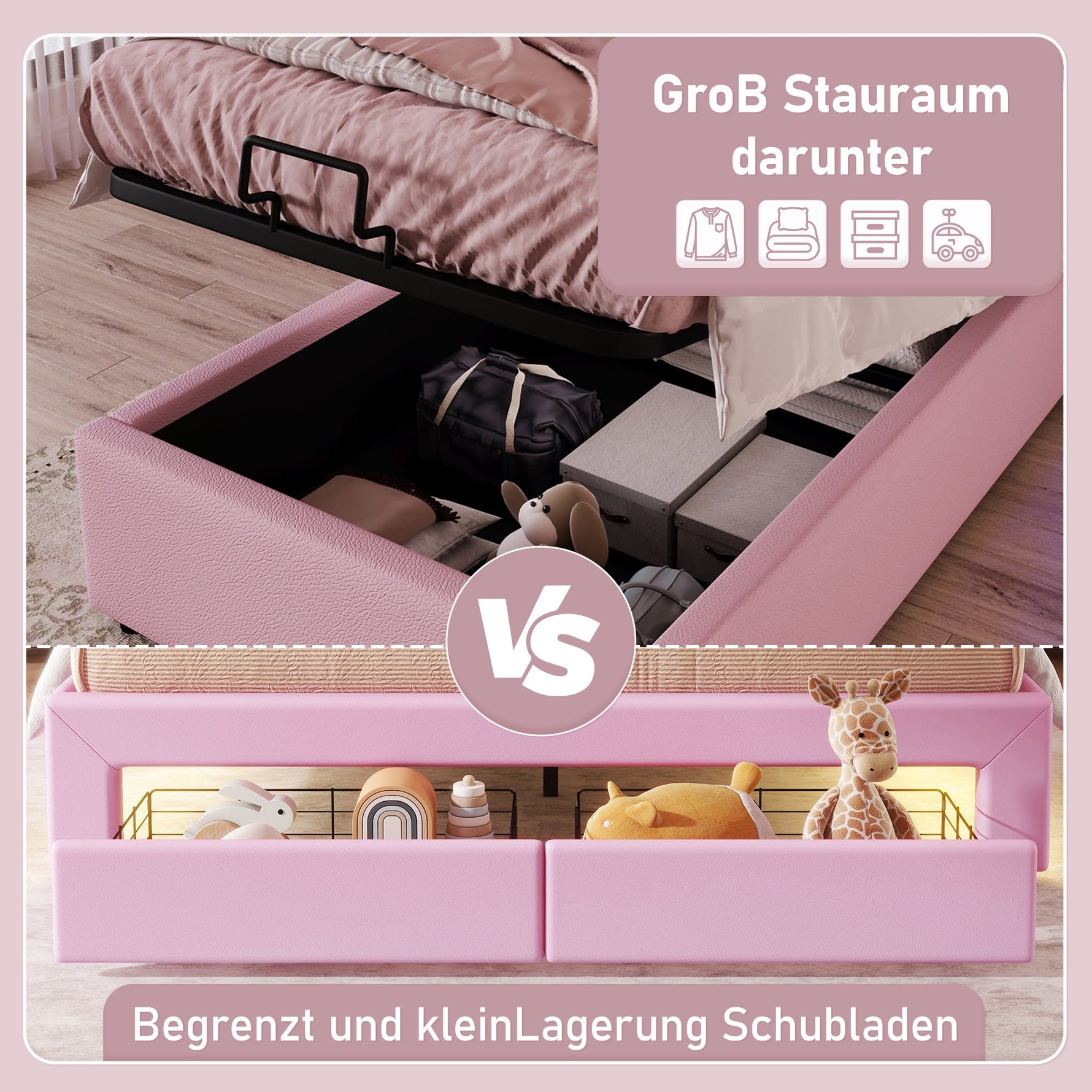 Upholstered Bed 90x200cm Princess Hydraulic Storage Ambient LED Lighting Pink PU