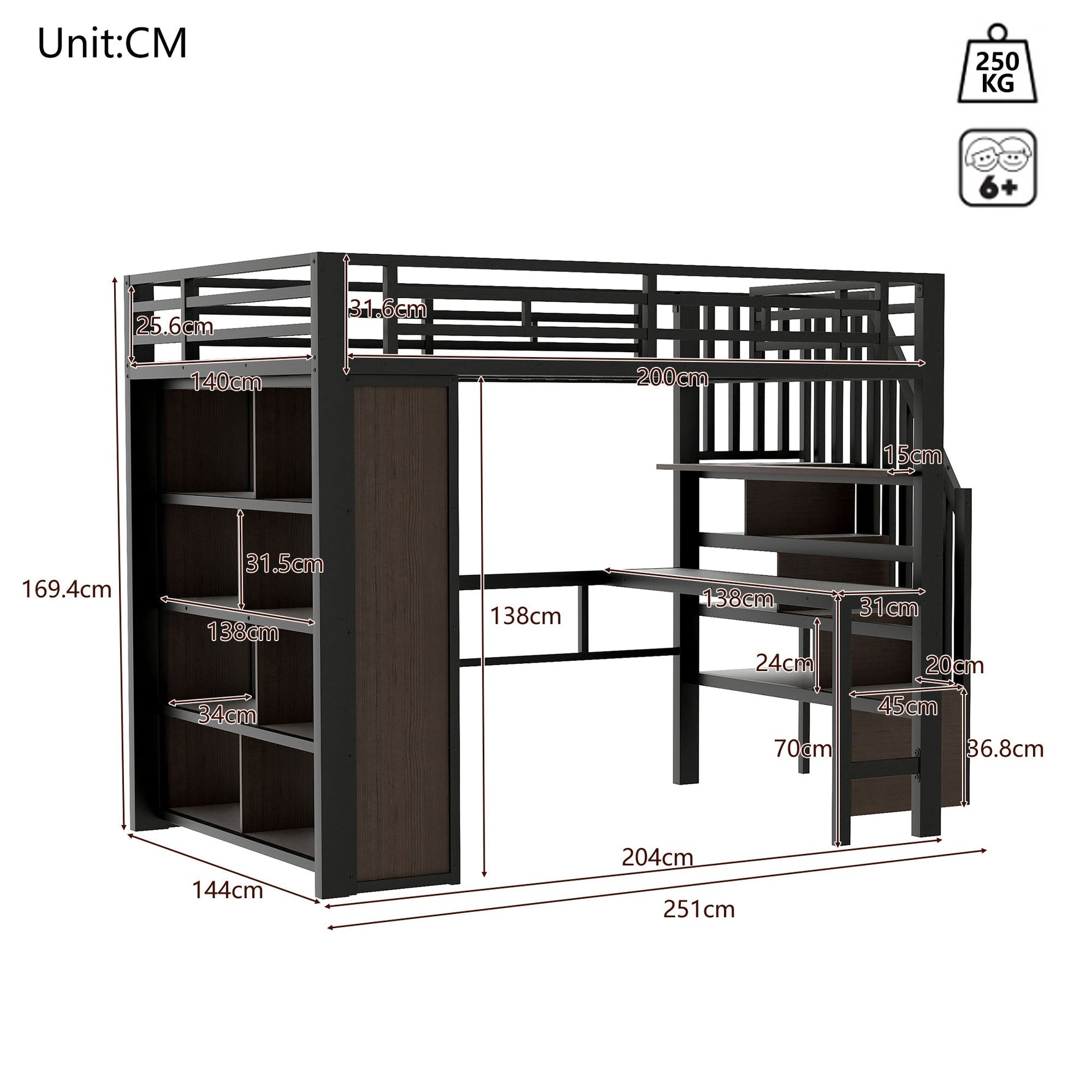 Loft Bed 140x200cm Iron Frame with Desk LED Light Strip Storage Stairs Black