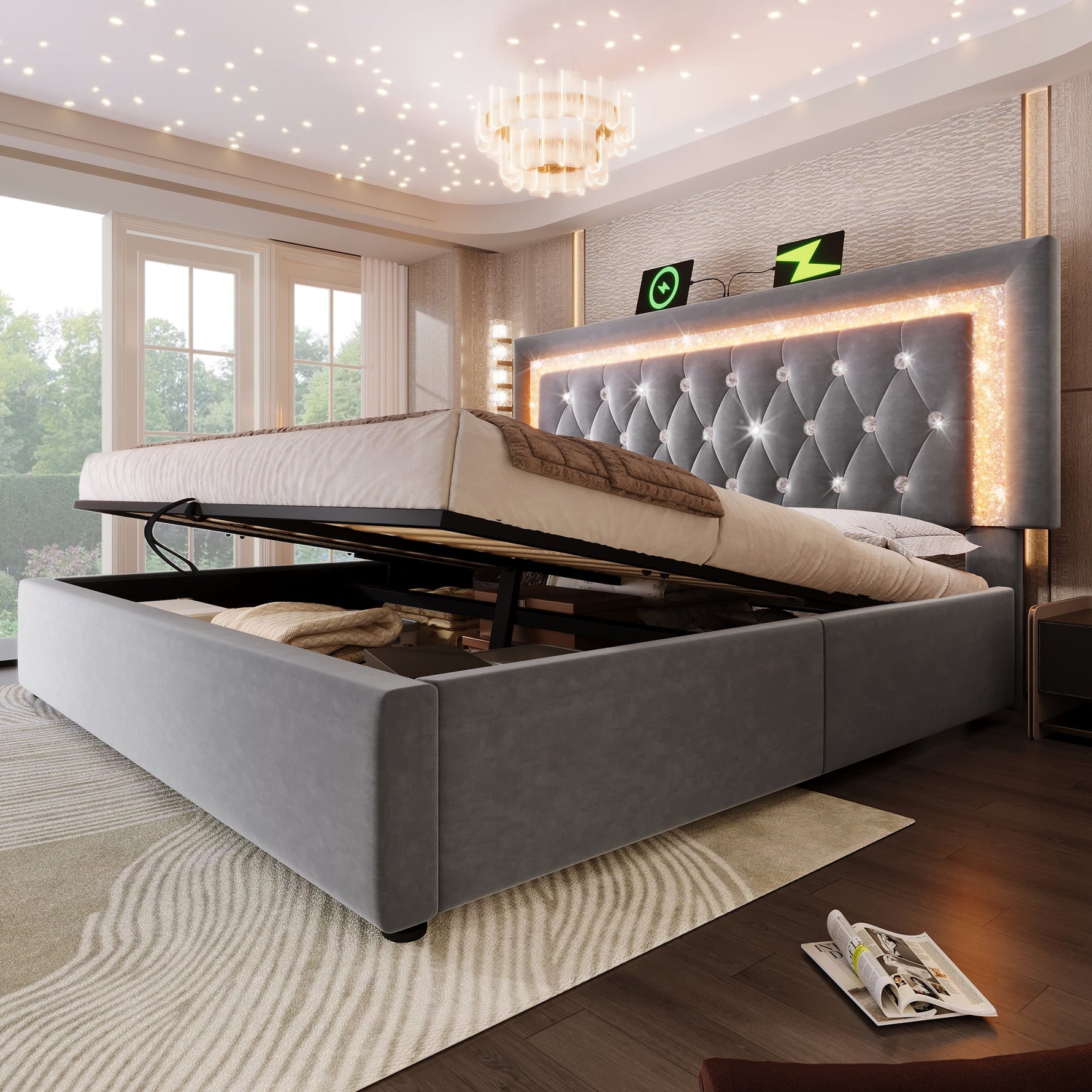 Upholstered Bed 160x200 cm with LED, USB Charging and Hydraulic Storage (with Mattress), Grey Velvet