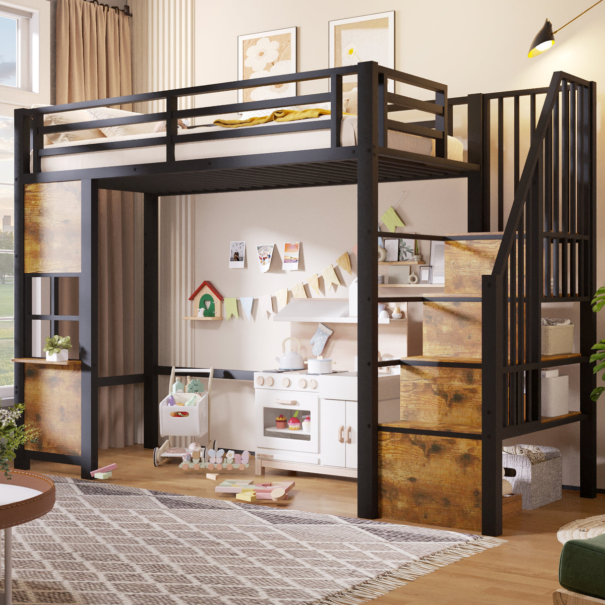 Loft Bed 90x200cm with Storage Ladder & Railing, Black Iron