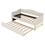 Daybed with Pull-Out Trundle Bed and LED Lighting, 90x200cm, Beige Linen