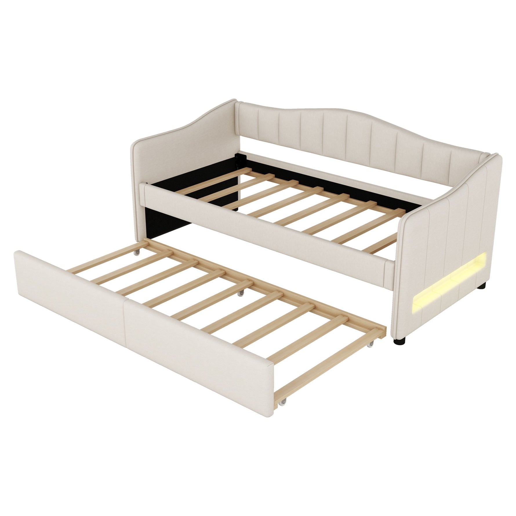 Daybed with Pull-Out Trundle Bed and LED Lighting, 90x200cm, Beige Linen