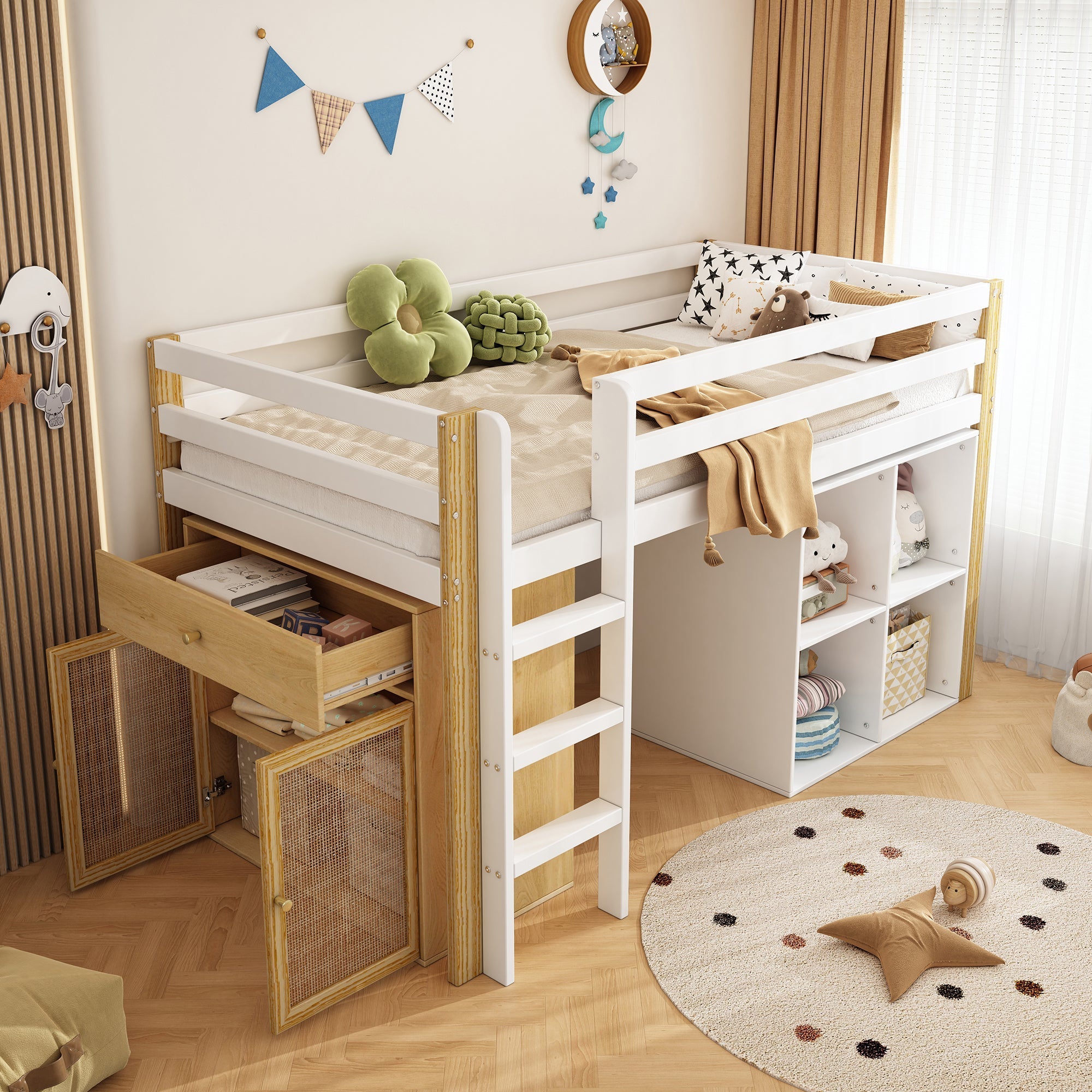 Children's Loft Bed with 2 Storage Cabinets and Ladder, 90x200cm, Natural and White