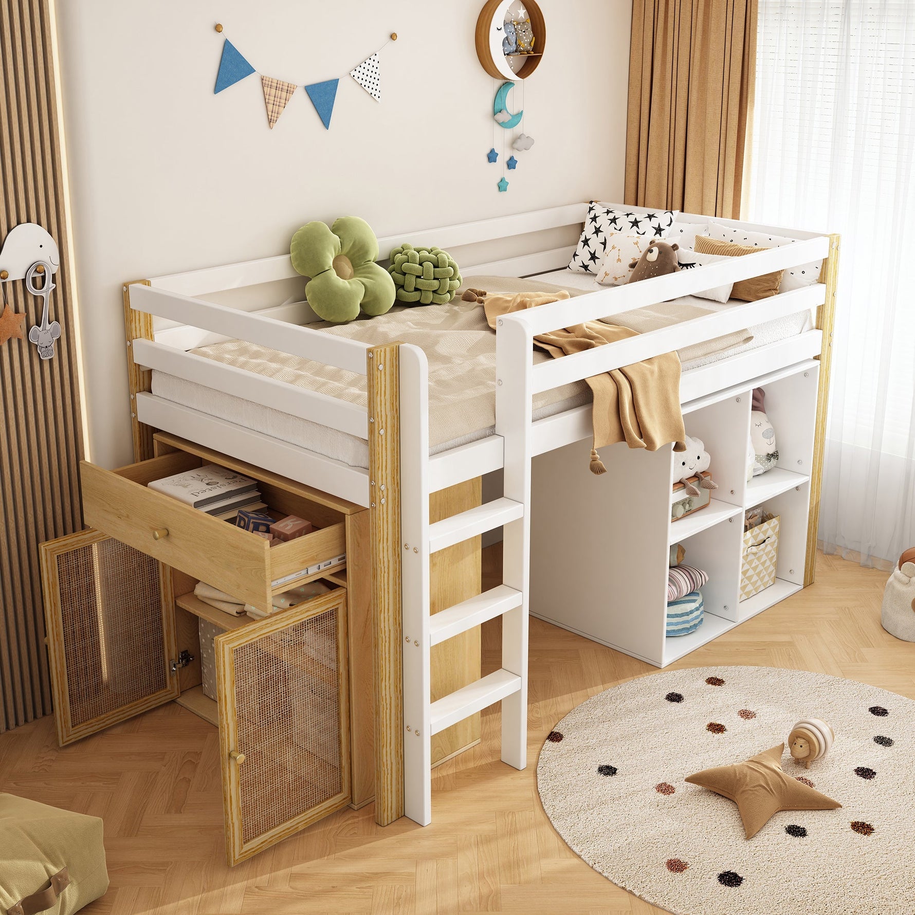 Children's Loft Bed with 2 Storage Cabinets and Ladder, 90x200cm, Natural and White