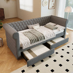 Vintage Upholstered Daybed 90x200cm with 2 Drawers, Grey Linen