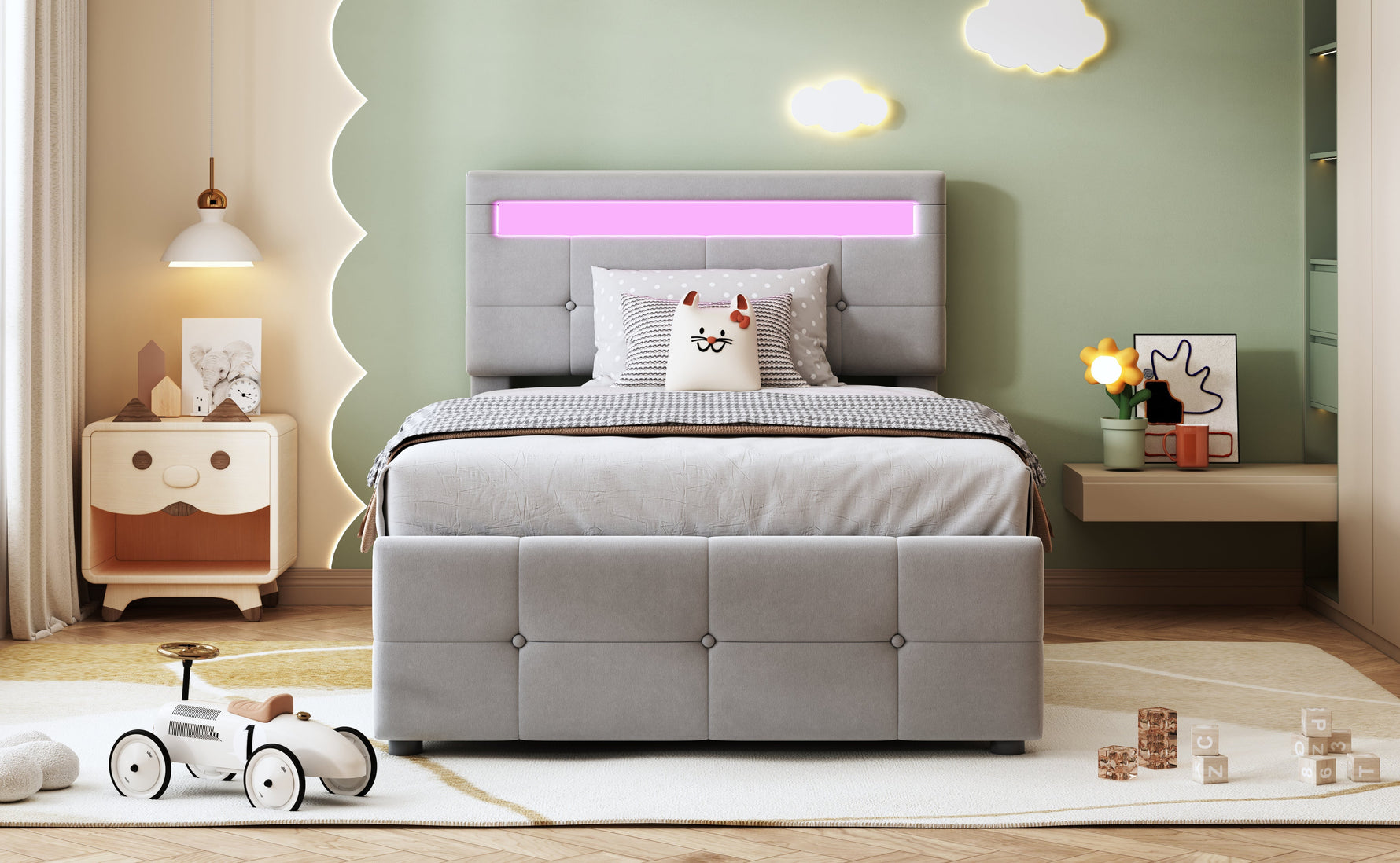 Upholstered Children's Bed, 90x200 cm with LED, Hydraulic Storage, Adjustable Headboard, Velvet Grey